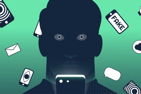 Illustration of man hypnotized holding smartphone