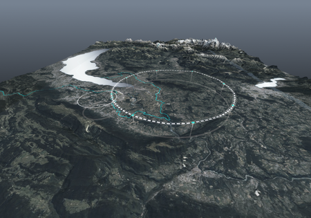 Aerial view with two intersecting circles pinpointing the locations of the FCC and the Large Hadron Collider.